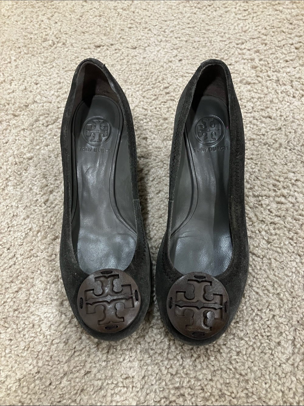 Tory Burch Dark Brown Suede Logo Round-Toe Flats